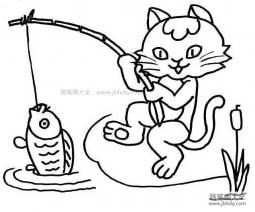 动物简笔画颜色，钓鱼的小猫简笔画